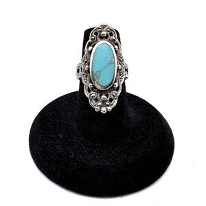 Vintage Sterling Silver Turquoise and Marcasite Oval Filigree Ring Size 6